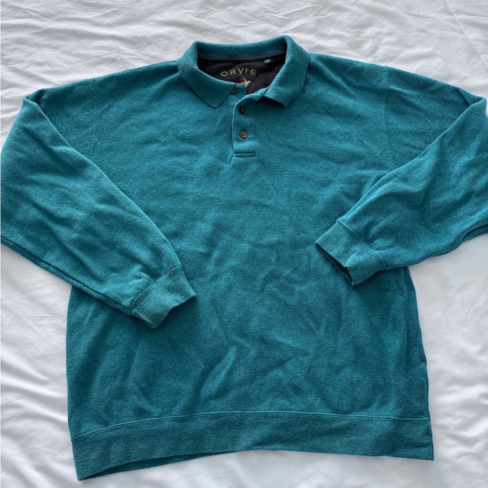 Orvis Men's Teal Long Sleeve Polo Sweater